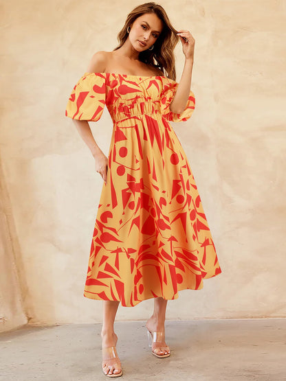 Printed Off-Shoulder Balloon Sleeve Dress - Siennasass
