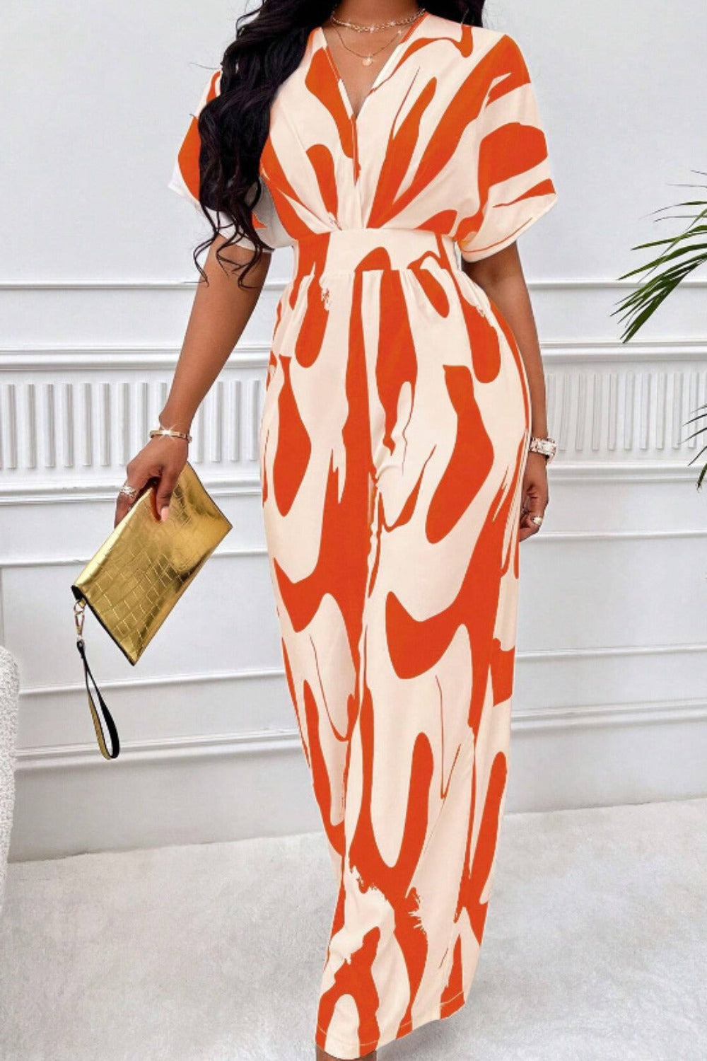 Printed V-Neck Short Sleeve Wide Leg Jumpsuit - Siennasass