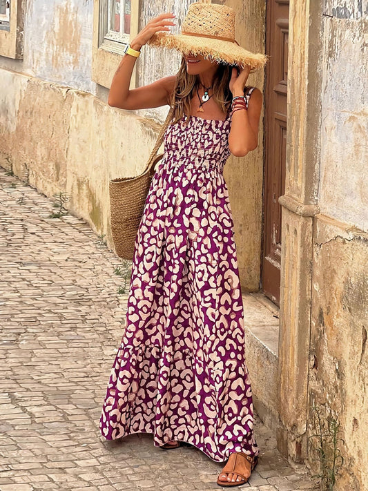 Smocked Printed Square Neck Sleeveless Dress - Siennasass