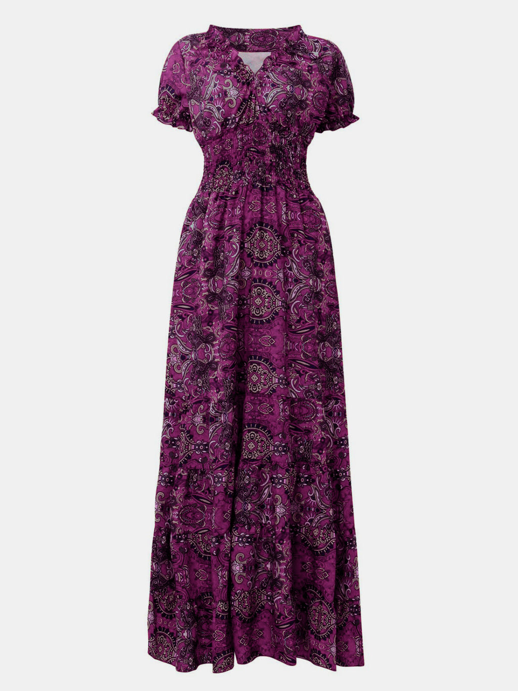Full Size Smocked Printed V-Neck Short Sleeve Dress - Siennasass