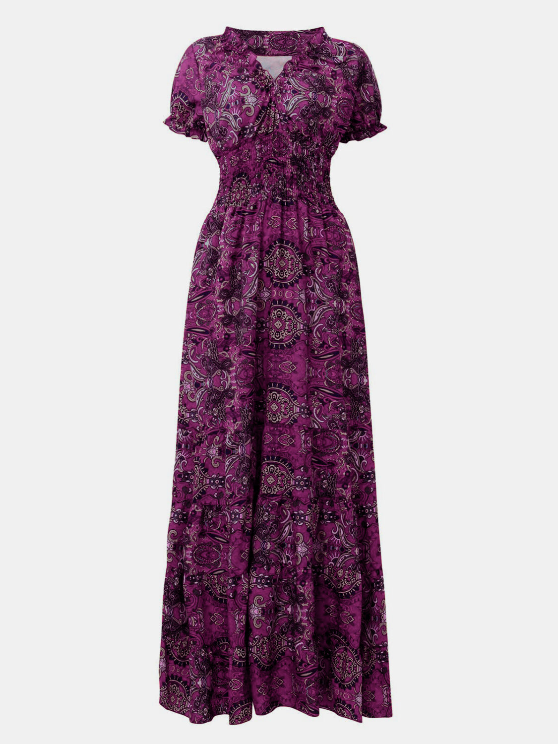 Full Size Smocked Printed V-Neck Short Sleeve Dress - Siennasass