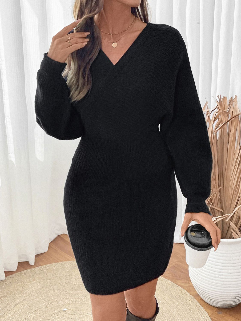 Perfee Surplice Long Sleeve Sweater Dress - Siennasass