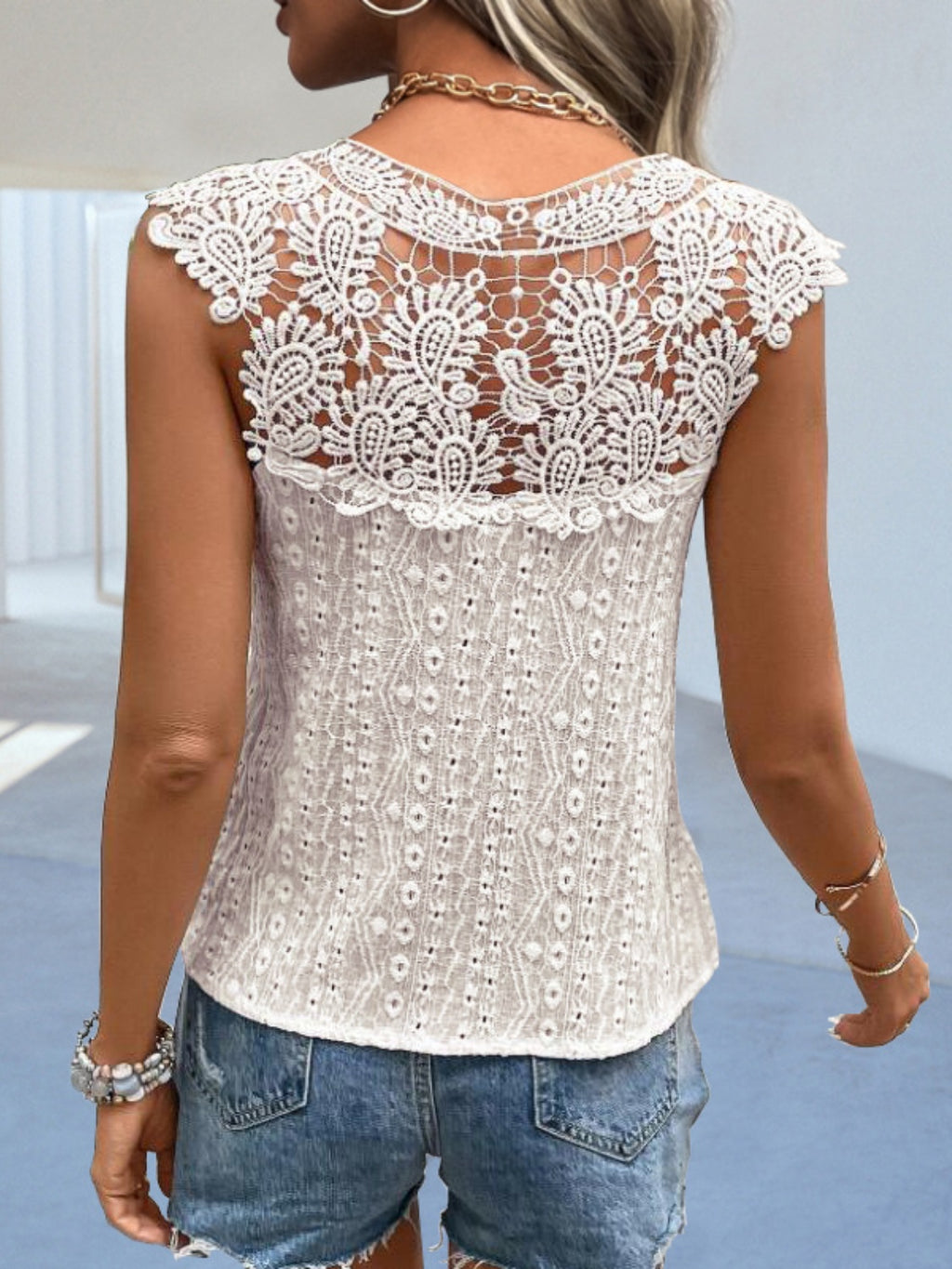 Cutout Lace Detail Notched Blouse - Siennasass