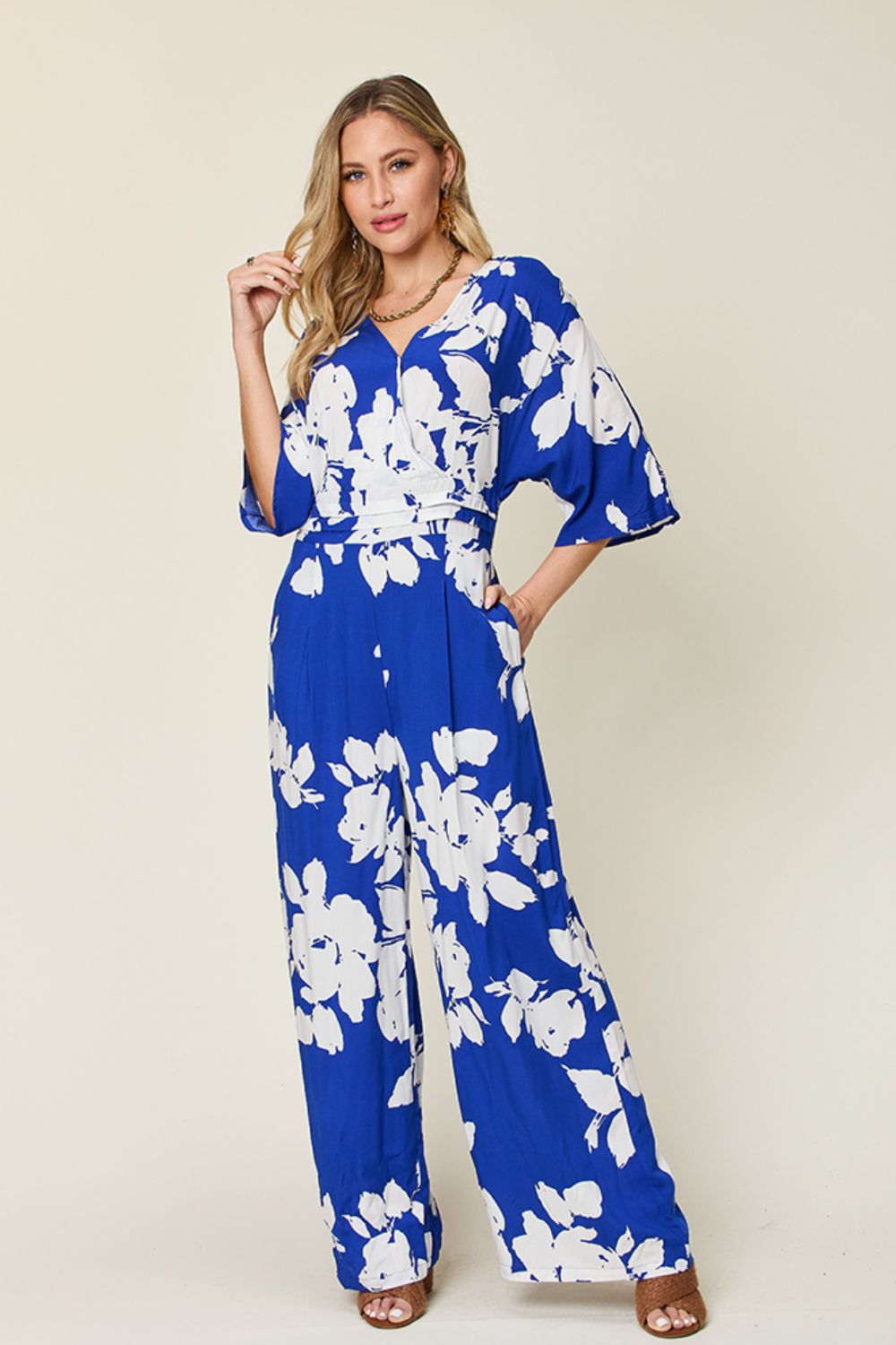 Double Take Full Size Printed Tie Back Wide Leg Jumpsuit - Siennasass