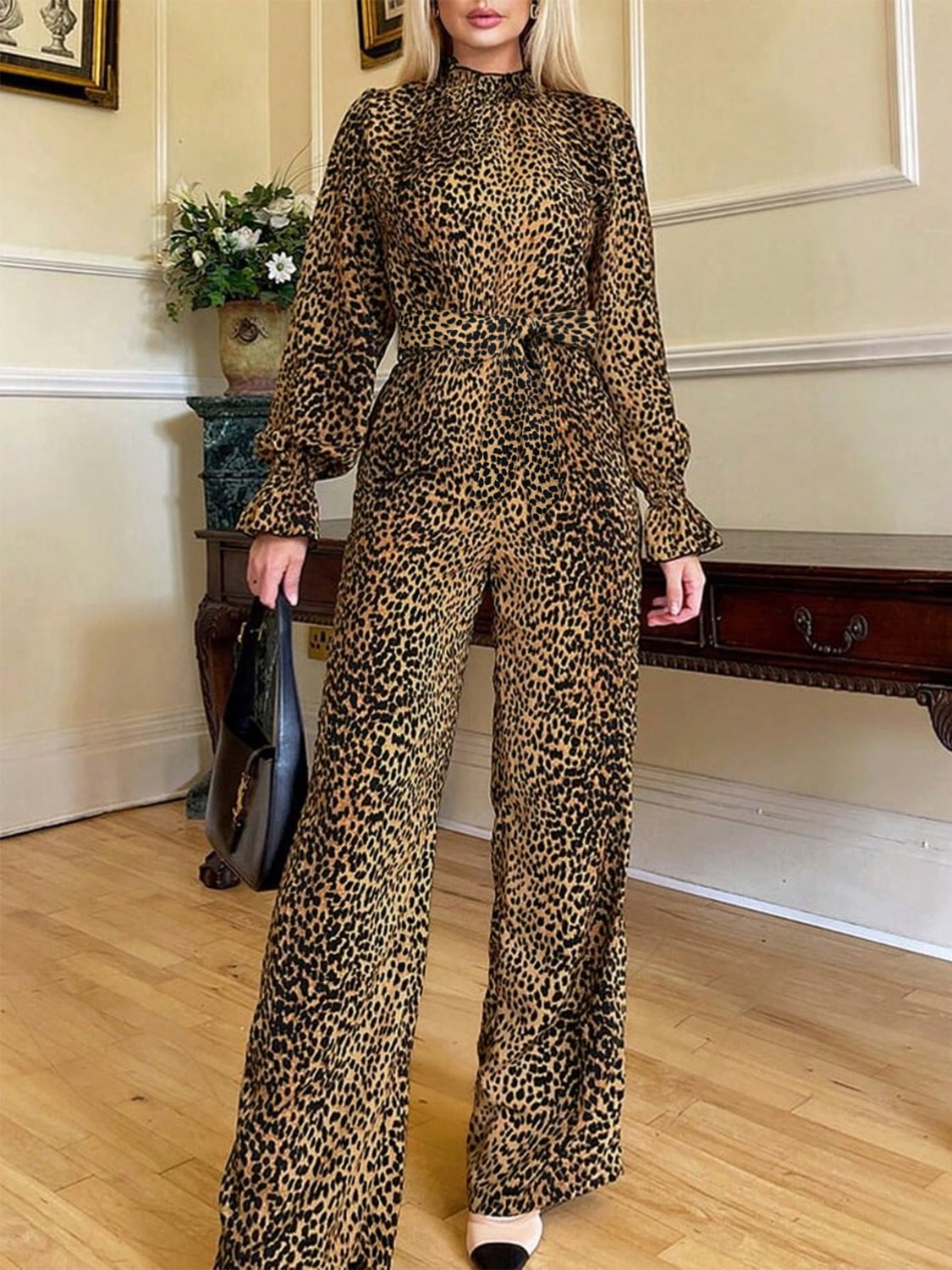 Leopard Flounce Sleeve Wide Leg Jumpsuit - Siennasass