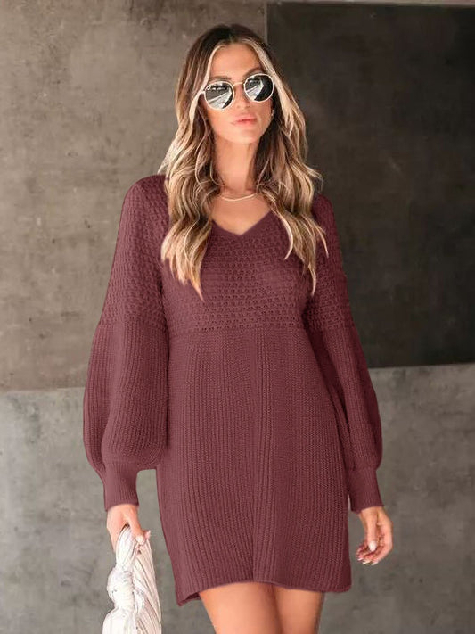 Perfee V-Neck Long Sleeve Sweater Dress - Siennasass