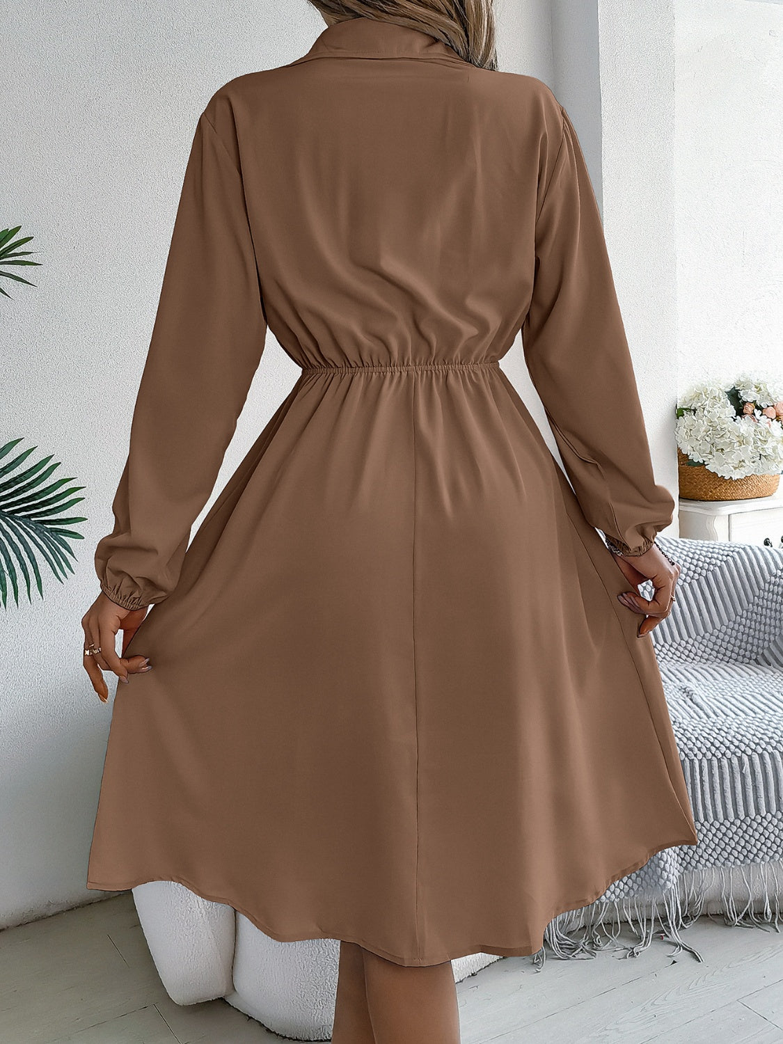 Collared Neck Long Sleeve Dress with Pockets - Siennasass