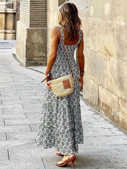 Smocked Printed Square Neck Sleeveless Dress - Siennasass