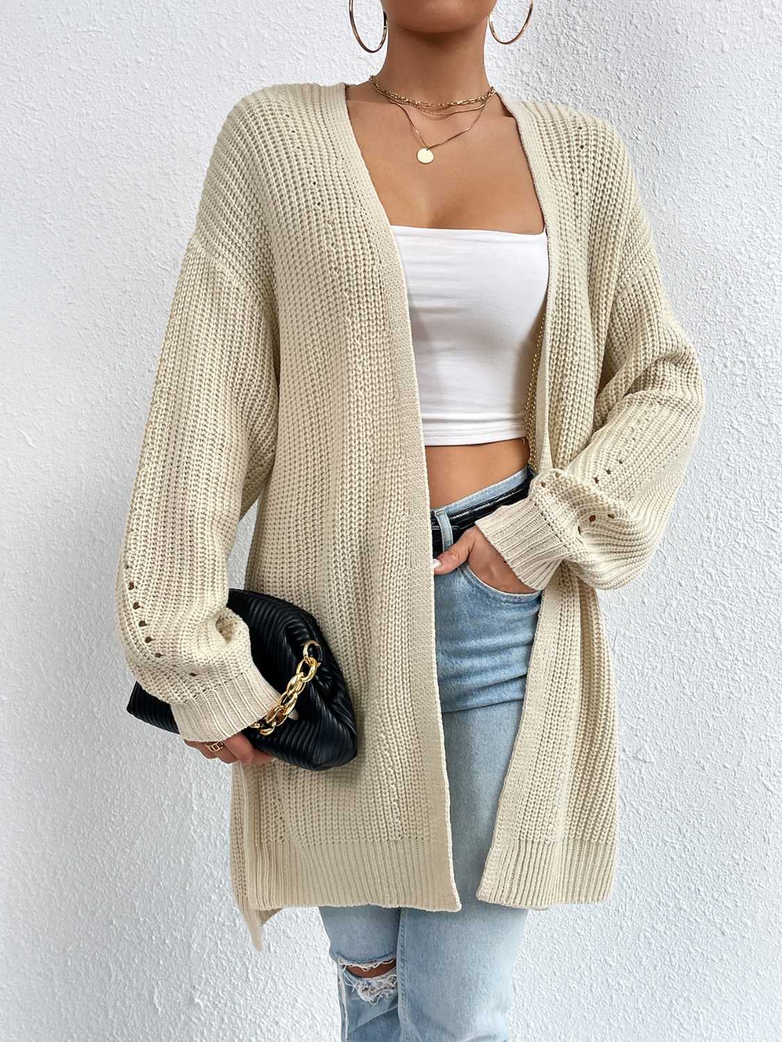 Open Front Dropped Shoulder Slit Cardigan - Siennasass