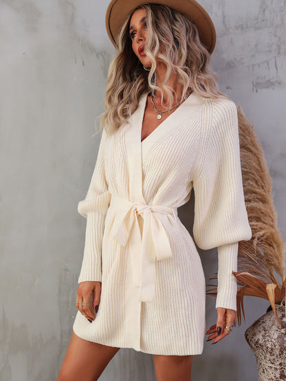 Belted Surplice Lantern Sleeve Wrap Sweater Dress - Siennasass