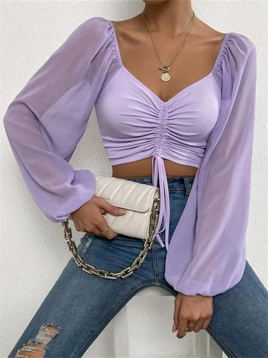 Drawstring Sweetheart Neck Cropped Top - Siennasass