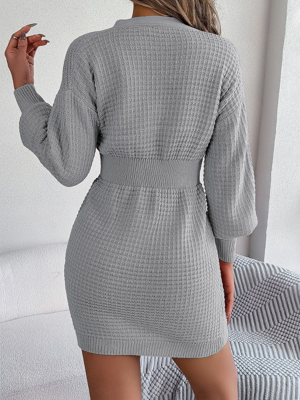 Buttoned Cable-Knit V-Neck Sweater Dress - Siennasass