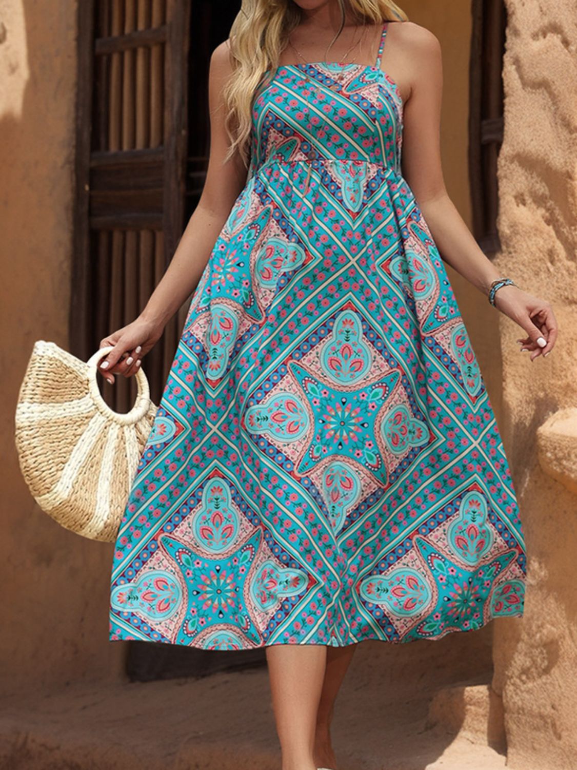 Printed Spaghetti Strap Midi Dress - Siennasass