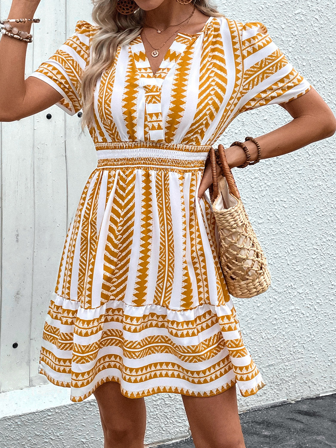 Geometric Notched Short Sleeve Mini Dress - Siennasass