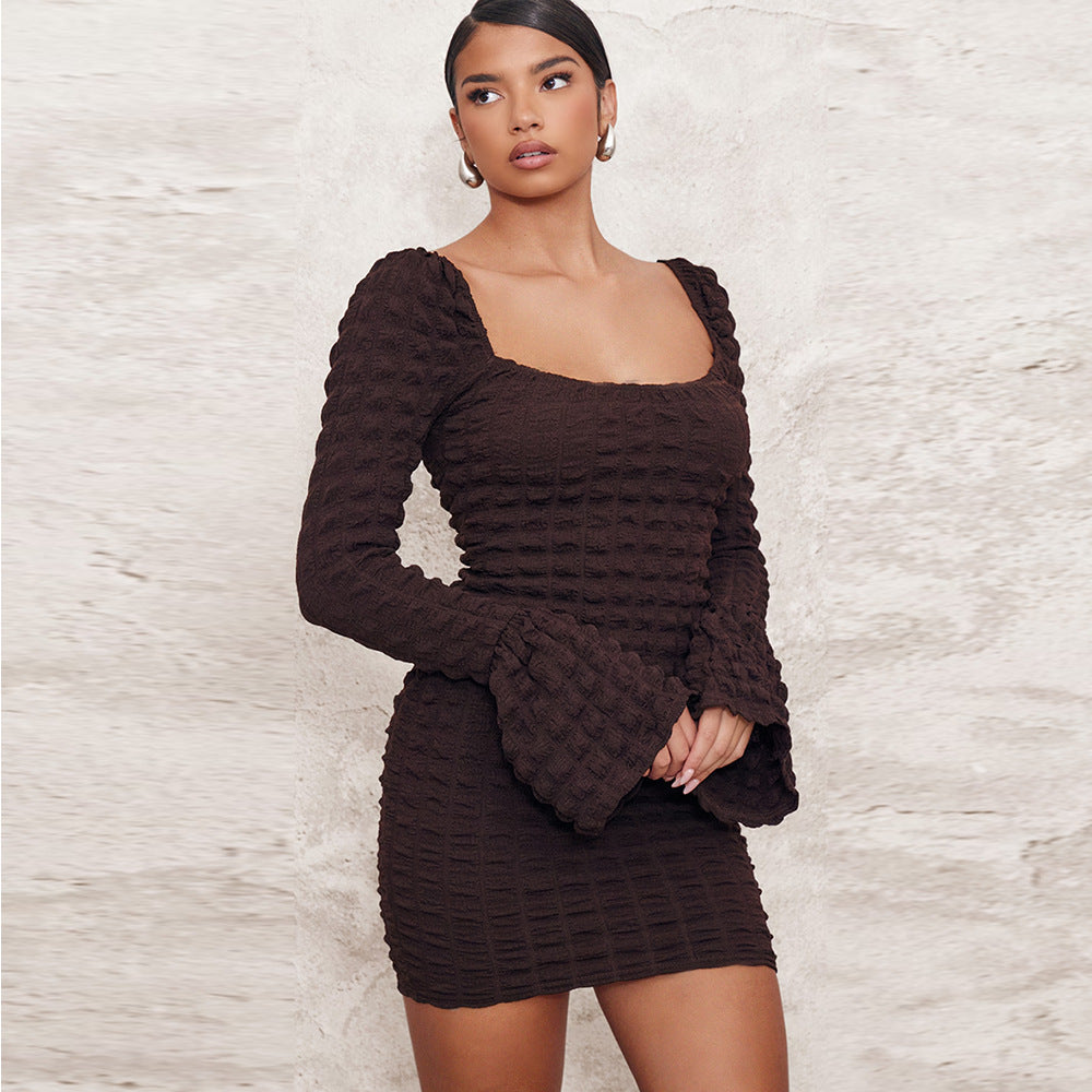 Seersucker Hollow Chest Wrap Flared Long Sleeve Dress - Siennasass