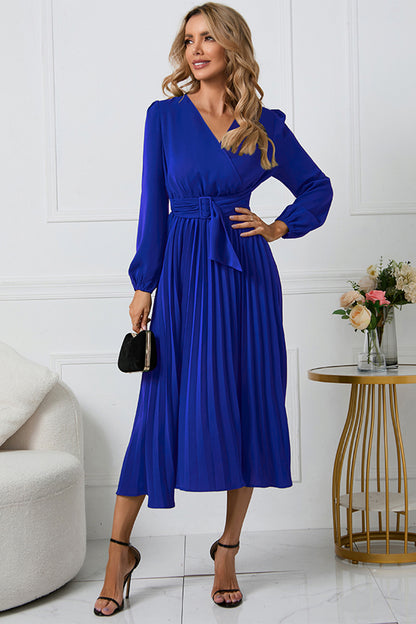 V-Neck Long Sleeve Tie Waist Midi Dress - Siennasass