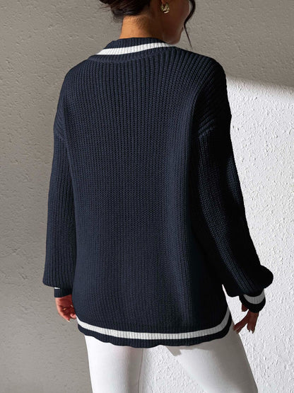 Contrast Trim V-Neck Long Sleeve Sweater - Siennasass