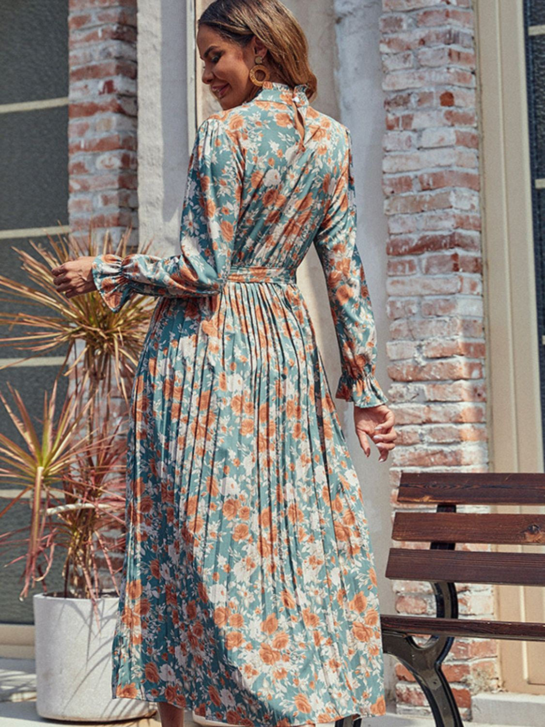 Perfee Tied Pleated Printed Mock Neck Long Sleeve Dress - Siennasass