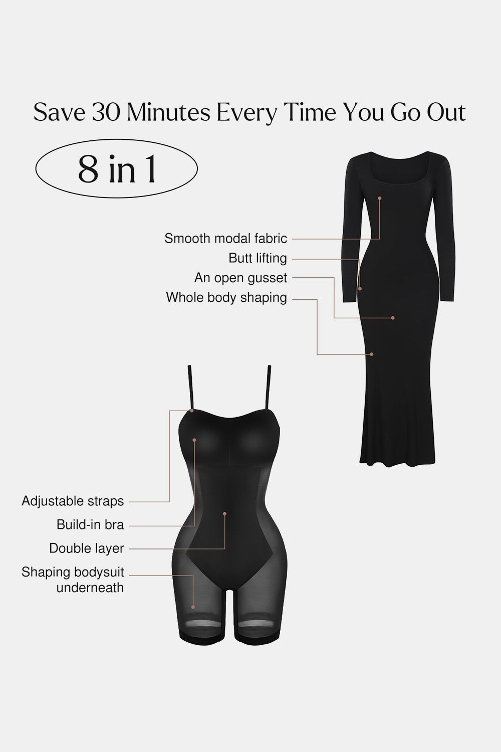 Basic Bae – Integrierte Shapewear – Maxikleid mit eckigem Ausschnitt und langen Ärmeln
