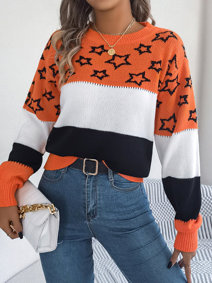 Star Contrast Round Neck Sweater - Siennasass
