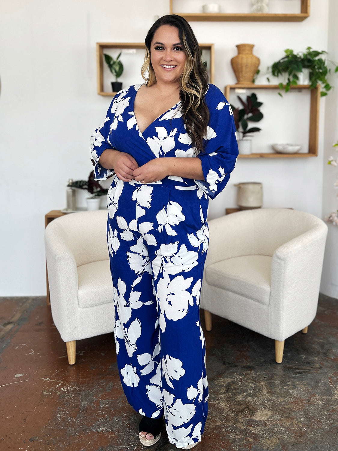 Double Take Full Size Printed Tie Back Wide Leg Jumpsuit - Siennasass