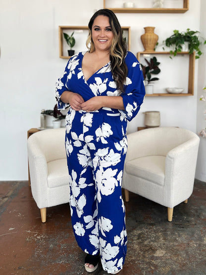 Double Take Full Size Printed Tie Back Wide Leg Jumpsuit - Siennasass