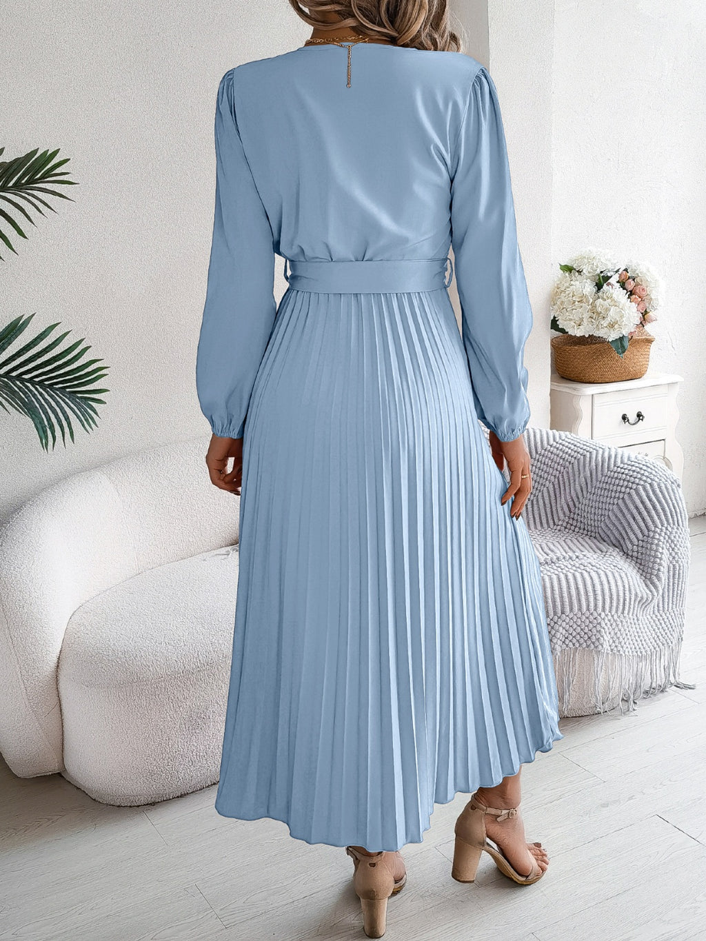 Pleated Tied V-Neck Long Sleeve Dress - Siennasass