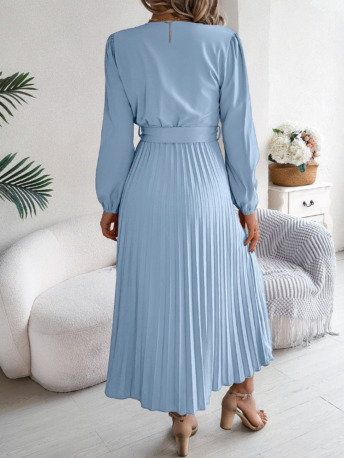 Pleated Tied V-Neck Long Sleeve Dress - Siennasass