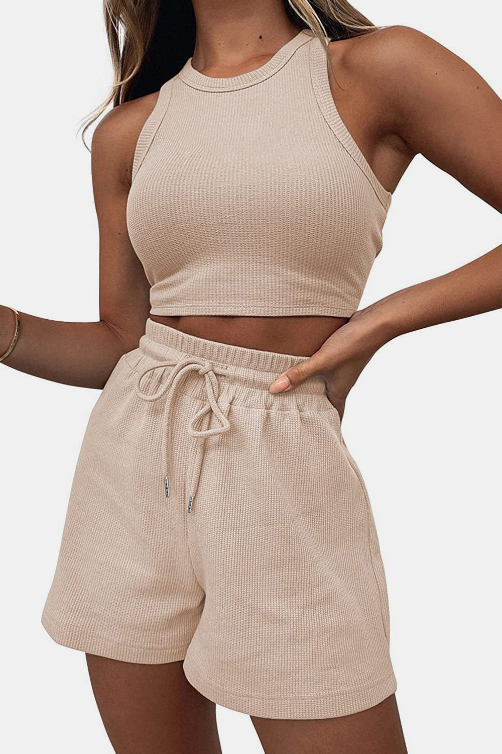 Round Neck Top and Drawstring Shorts Set - Siennasass