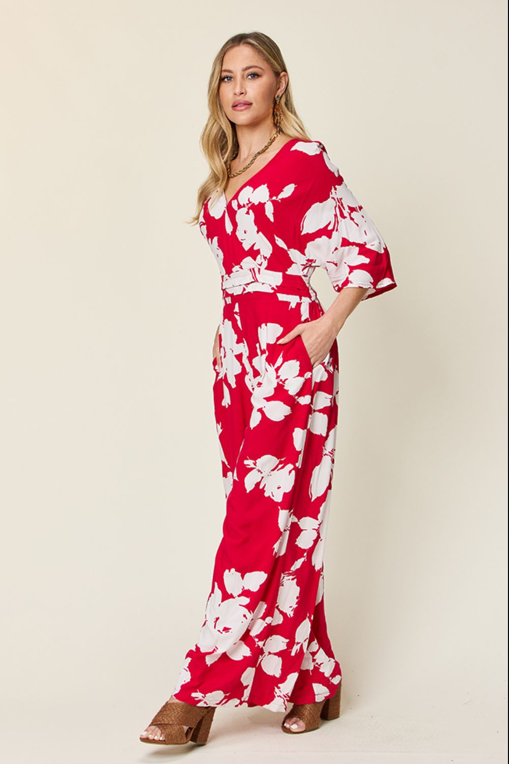 Double Take Full Size Printed Tie Back Wide Leg Jumpsuit - Siennasass