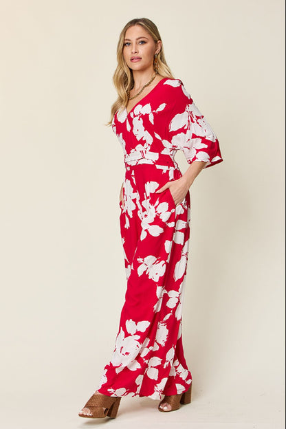 Double Take Full Size Printed Tie Back Wide Leg Jumpsuit - Siennasass