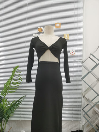 Einfarbiges, langärmliges, elegantes, schmal geschnittenes, hohles, rückenfreies Zwei-Wege-Kleid