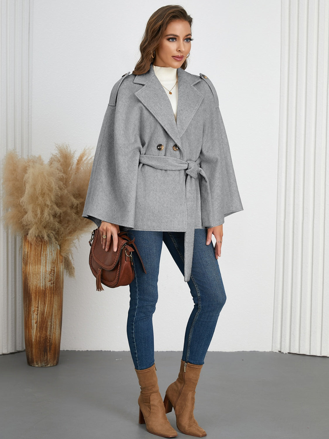 Double-Breasted Tie Waist Poncho - Siennasass