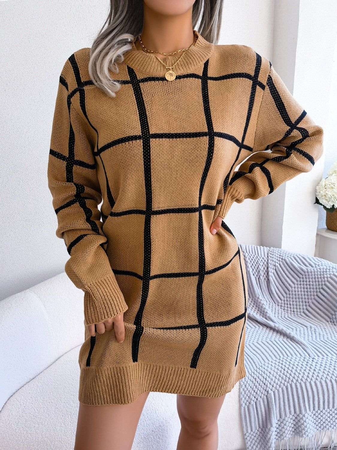 Plaid Round Neck Dropped Shoulder Sweater Dress - Siennasass