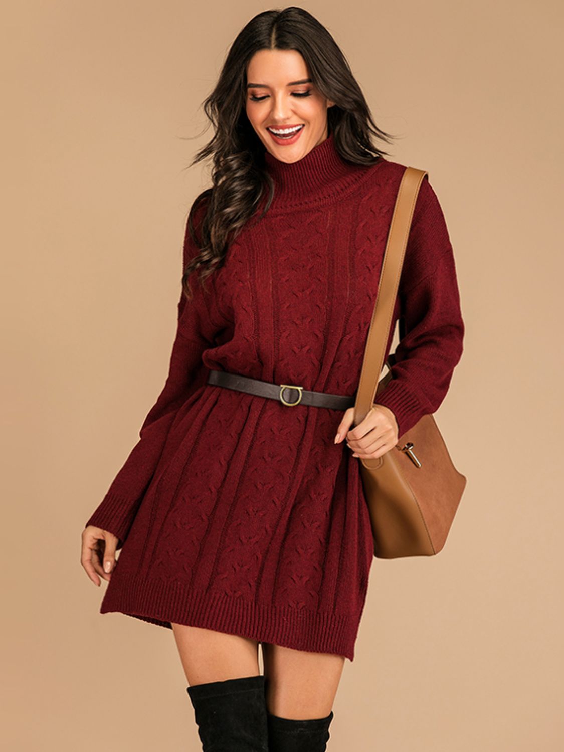 Perfee Slit Turtleneck Long Sleeve Mini Sweater Dress - Siennasass