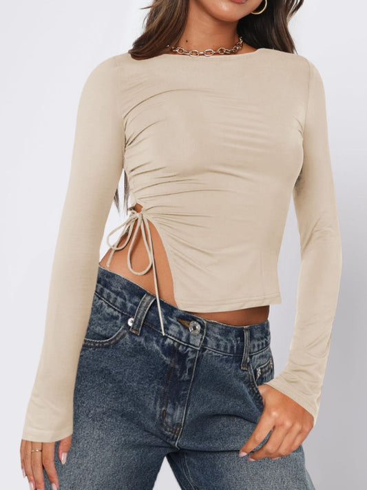Tied Slit Round Neck Long Sleeve T-Shirt - Siennasass