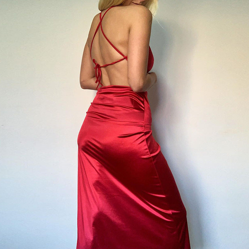 Pure Color Halter Backless Thin Strap Hip Bag Dress
