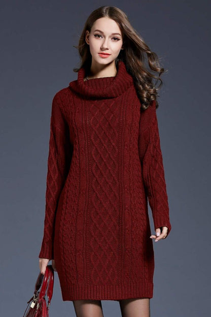 Woven Right Full Size Mixed Knit Cowl Neck Dropped Shoulder Sweater Dress - Siennasass