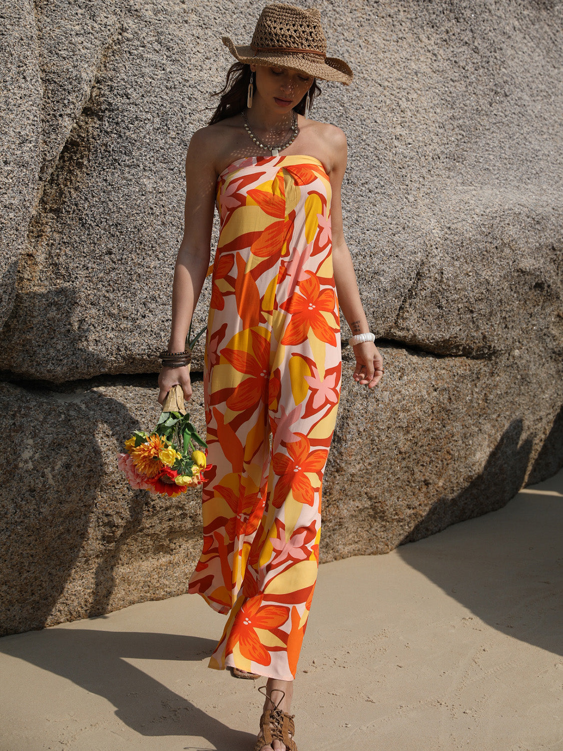 Tied Printed Tube Wide Leg Jumpsuit - Siennasass