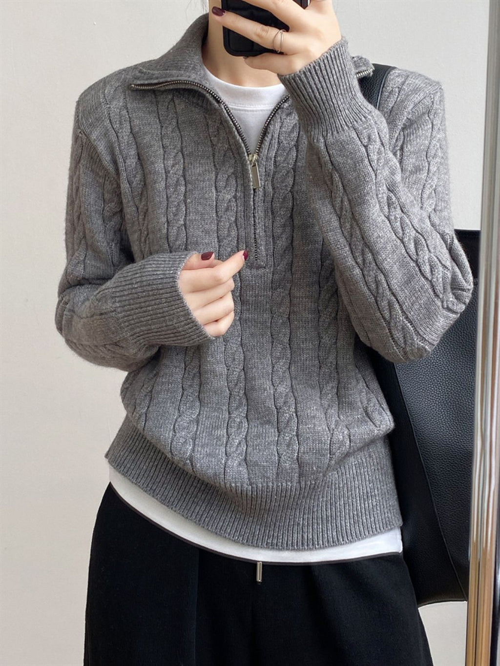 Cable-Knit Half Zip Long Sleeve Sweater - Siennasass