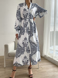 Printed Notched Lantern Sleeve Midi Dress - Siennasass