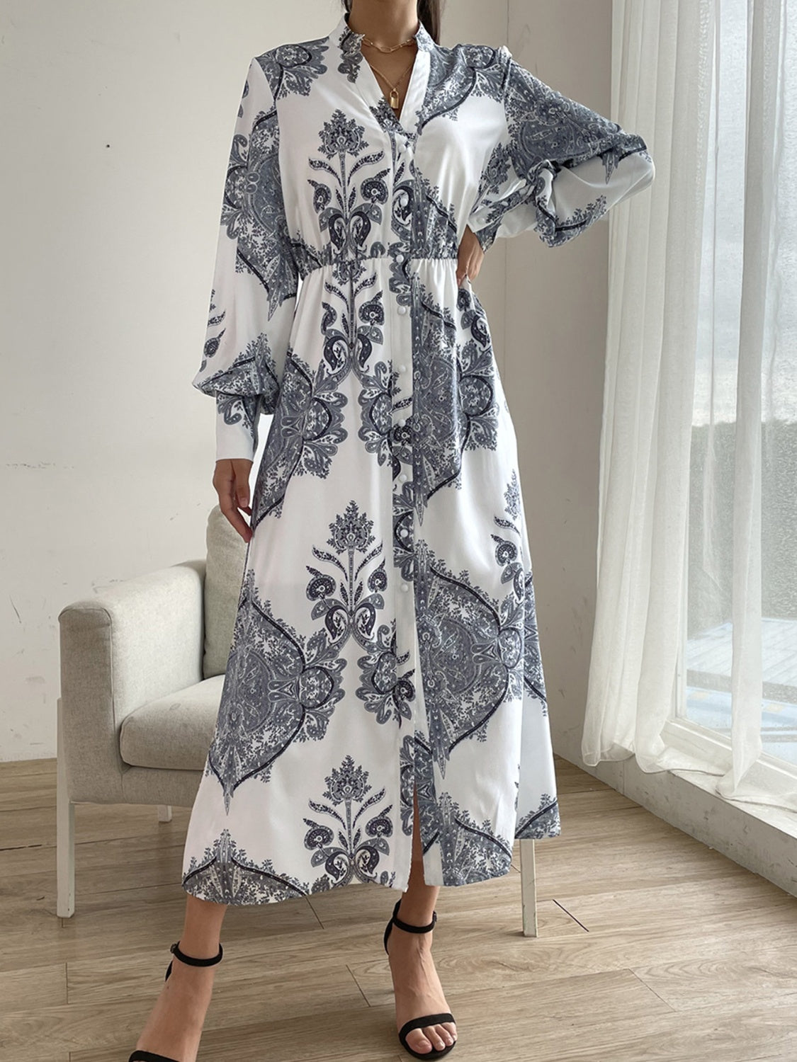 Printed Notched Lantern Sleeve Midi Dress - Siennasass