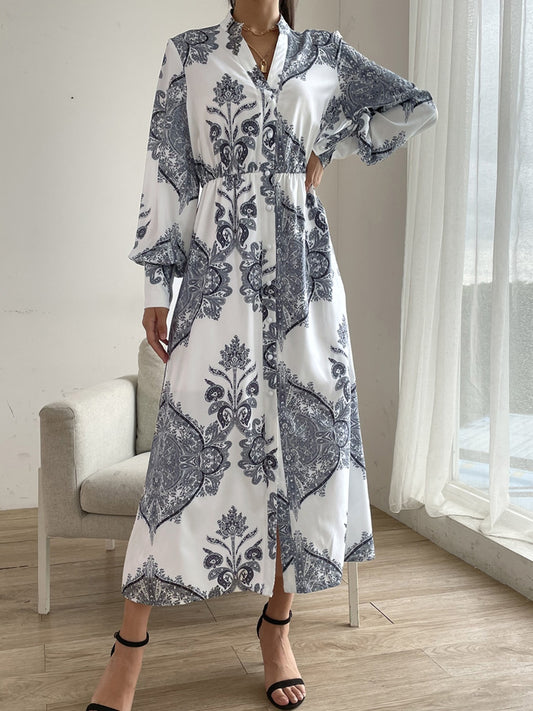 Printed Notched Lantern Sleeve Midi Dress - Siennasass