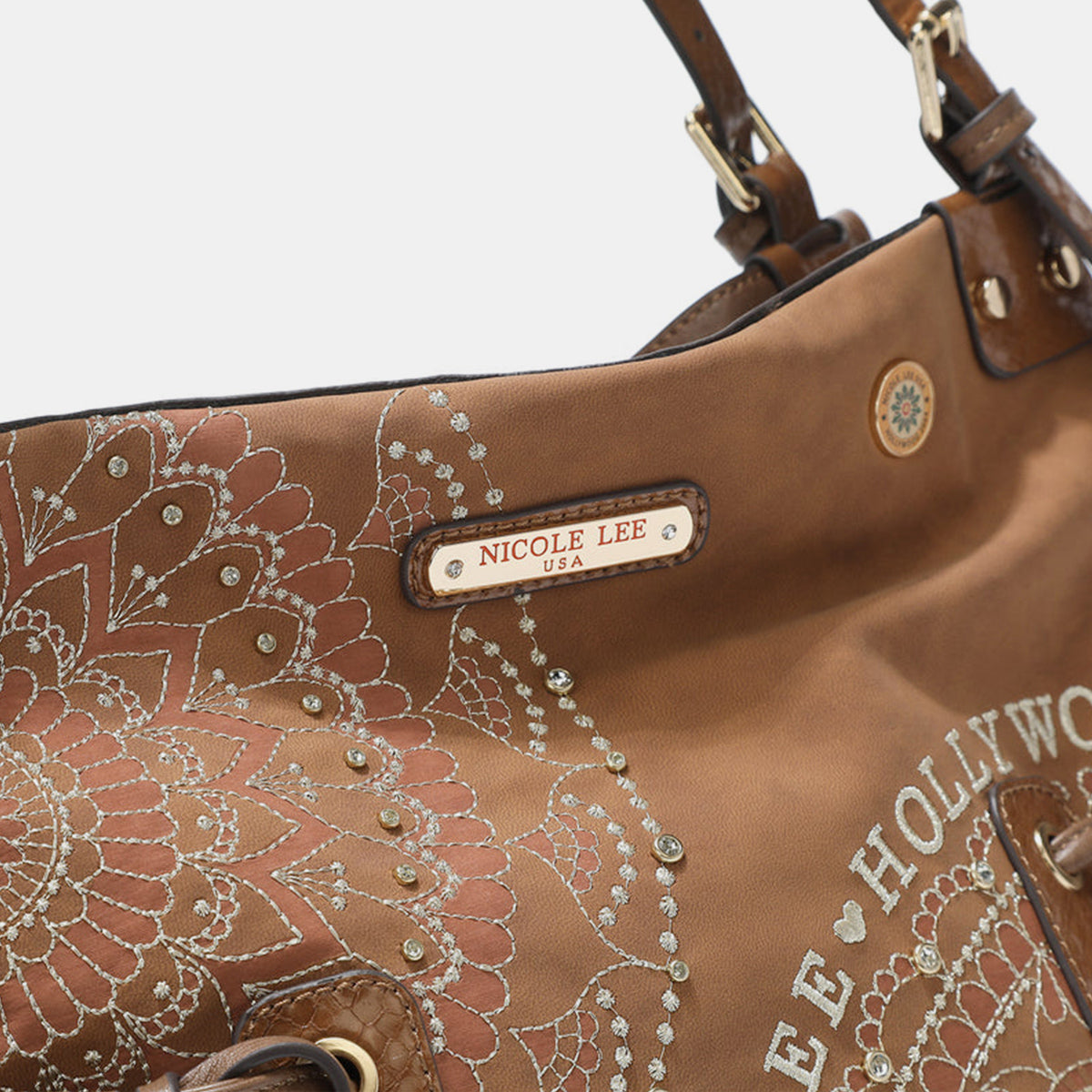 Nicole Lee USA Side Braided Tassel Inlaid Rhinestone Embroidery Hobo Bag - Siennasass