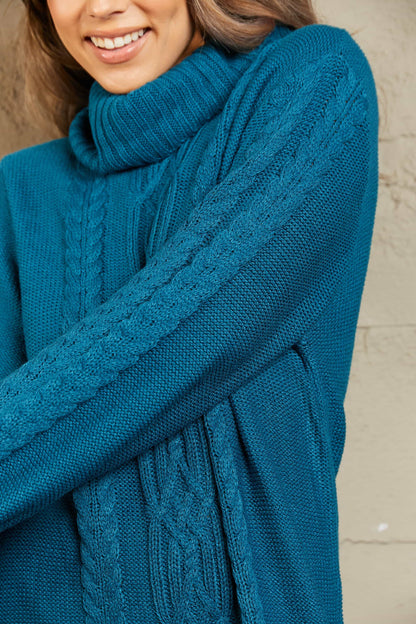 Woven Right Mixed Knit Turtleneck Lantern Sleeve Sweater Dress - Siennasass