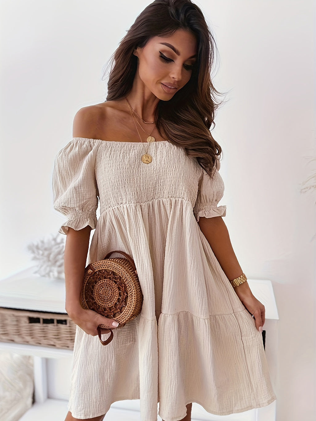 Full Size Ruffled Off-Shoulder Short Sleeve Dress - Siennasass