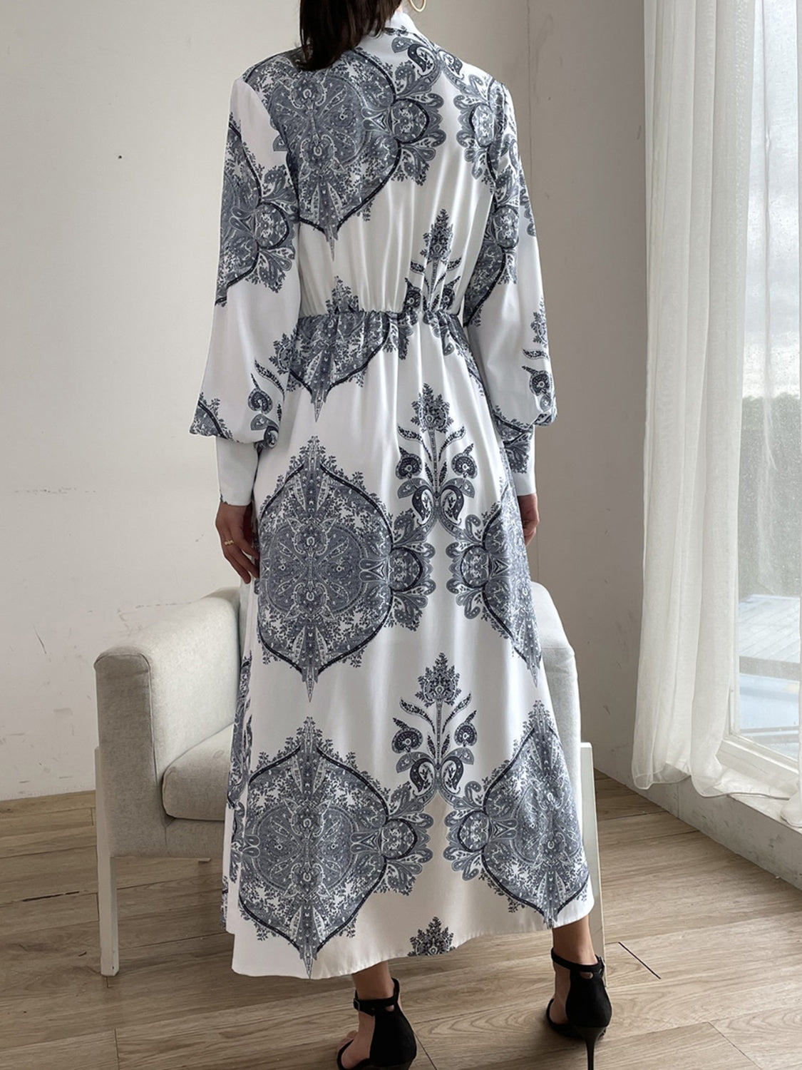 Printed Notched Lantern Sleeve Midi Dress - Siennasass