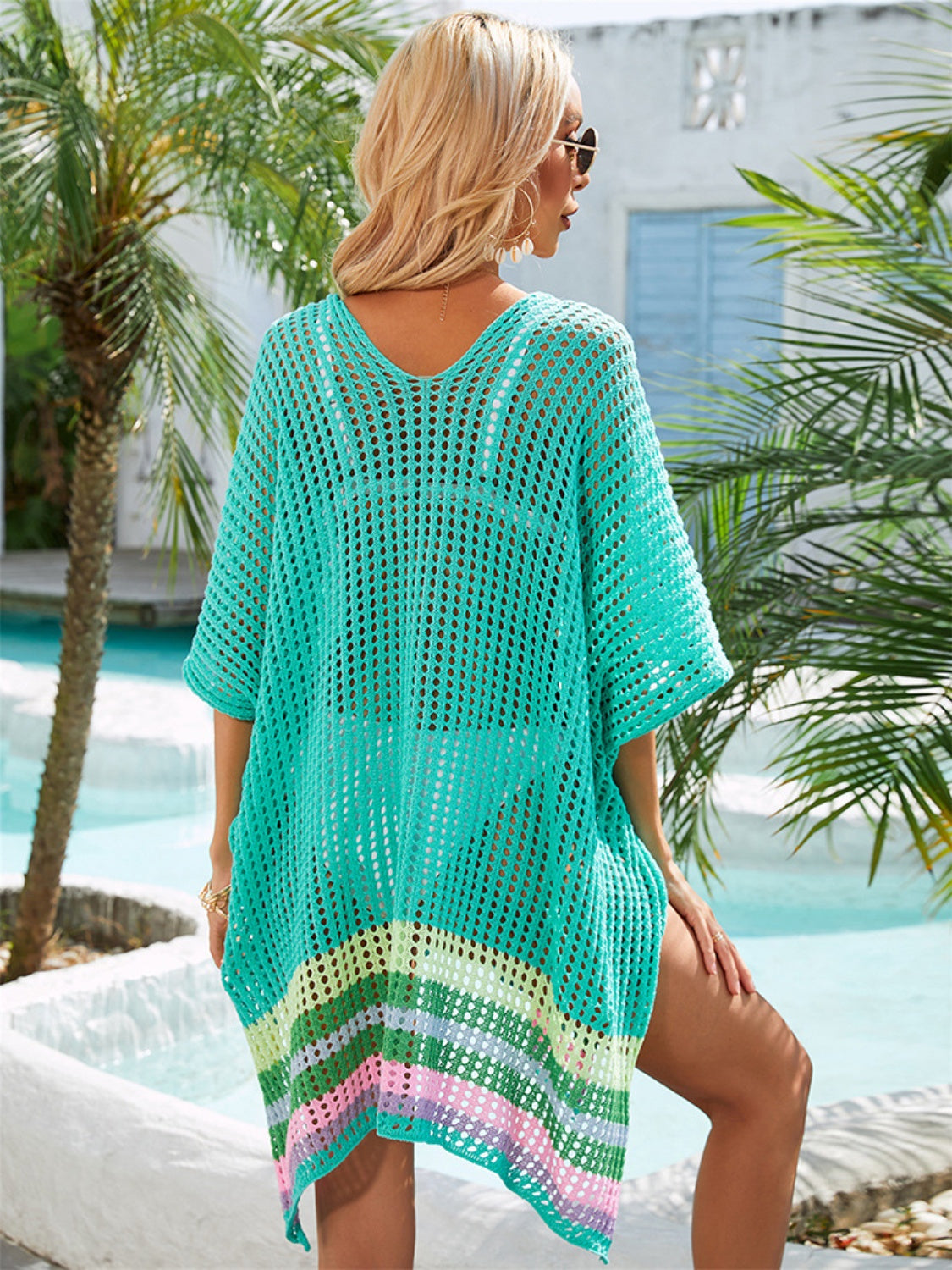 Slit Openwork V-Neck Half Sleeve Cover-Up - Siennasass