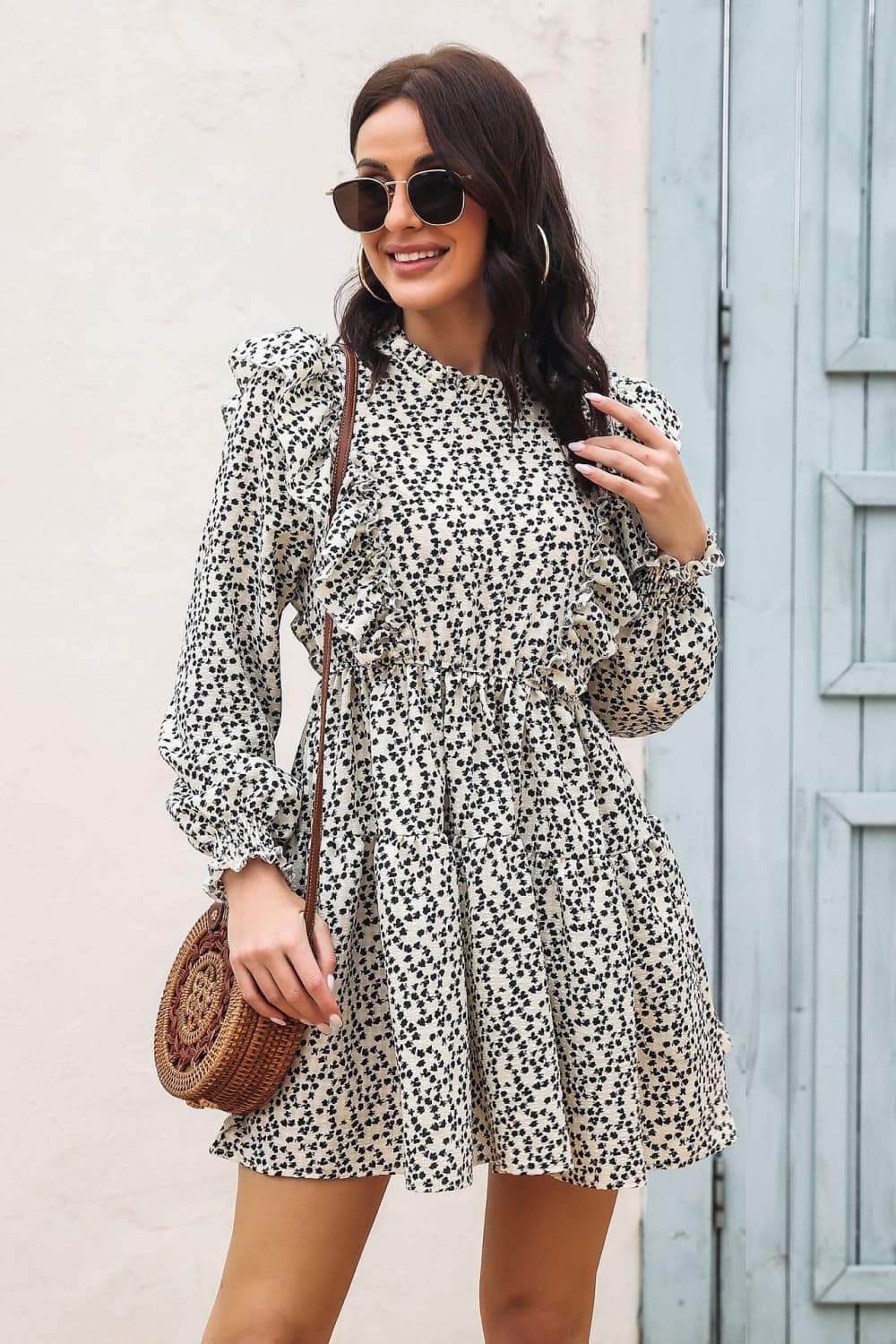 Printed Ruffle Trim Smocked Long Sleeve Mini Dress - Siennasass