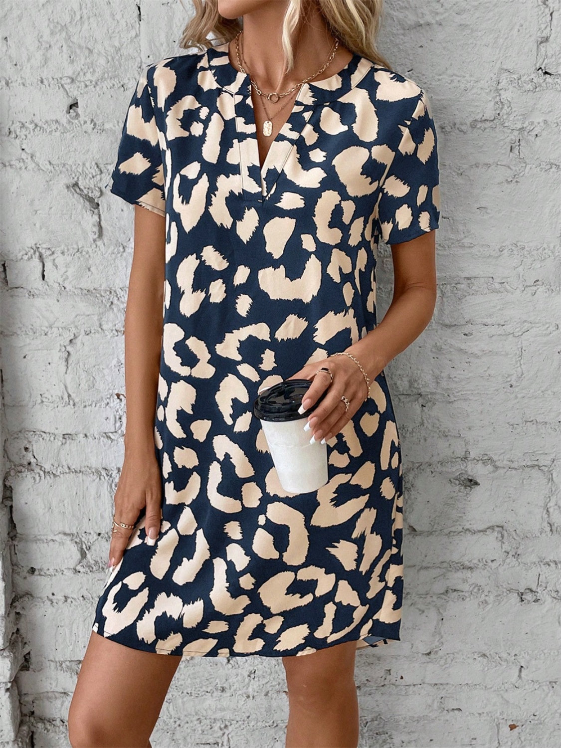 Printed Notched Short Sleeve Mini Dress - Siennasass